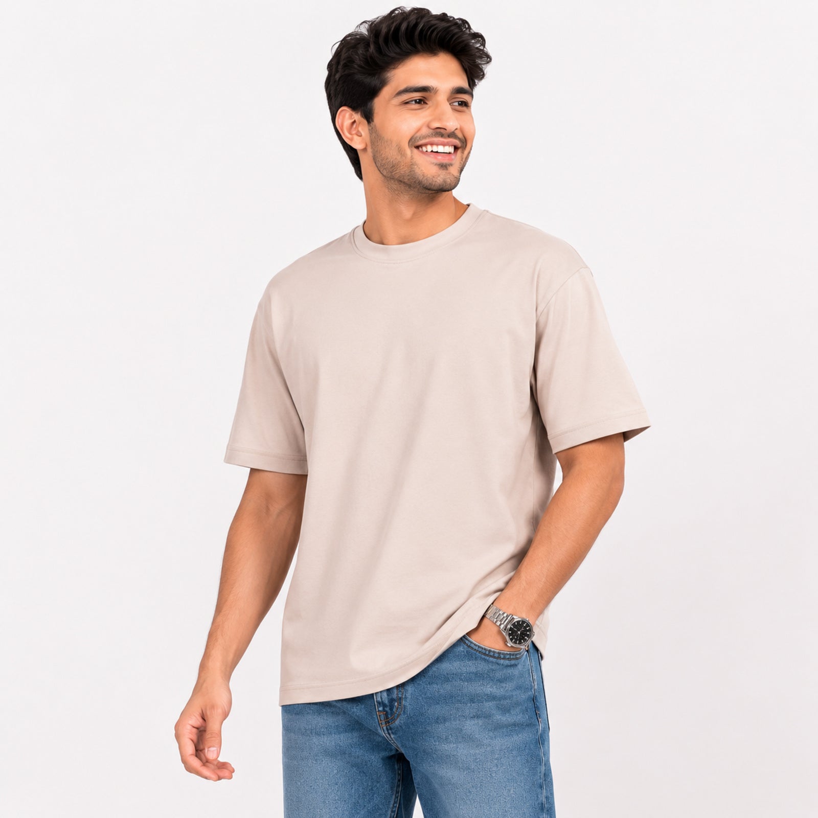 Men's Minimalist Beige Drop-Shoulder Oversized Casual T-Shirt-4