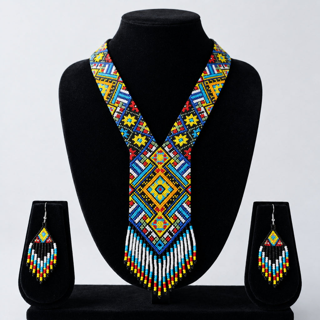Women's Azure Horizon Geometric Hand-Beaded Jewelry Set with Fringe Necklace and Drop Earrings-4