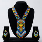 Women's Azure Horizon Geometric Hand-Beaded Jewelry Set with Fringe Necklace and Drop Earrings-4