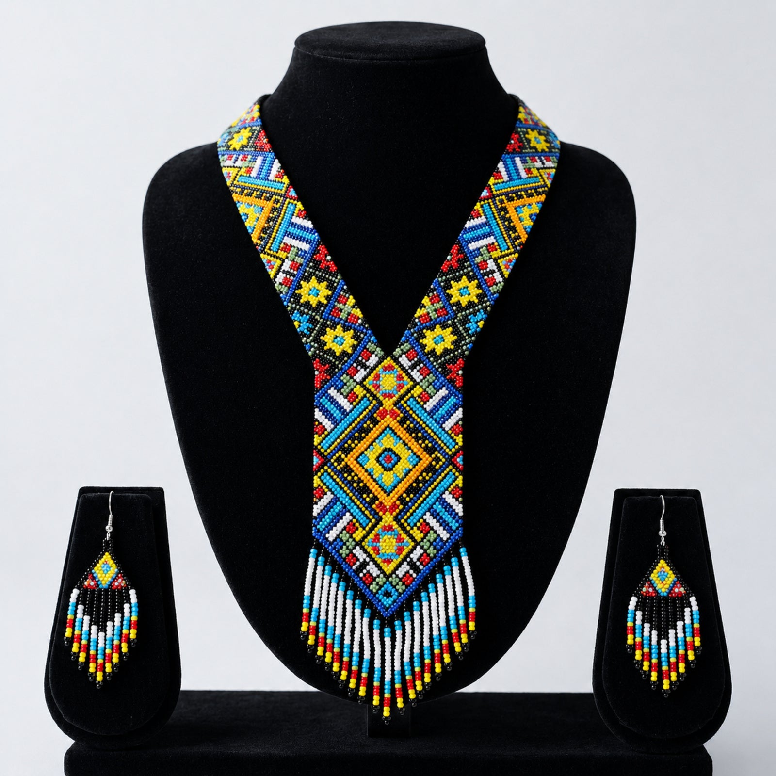 Women's Azure Horizon Geometric Hand-Beaded Jewelry Set with Fringe Necklace and Drop Earrings-4