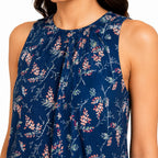 Women's Navy Blue Floral Printed Sleeveless Fit & Flare Knee Length Dress-2