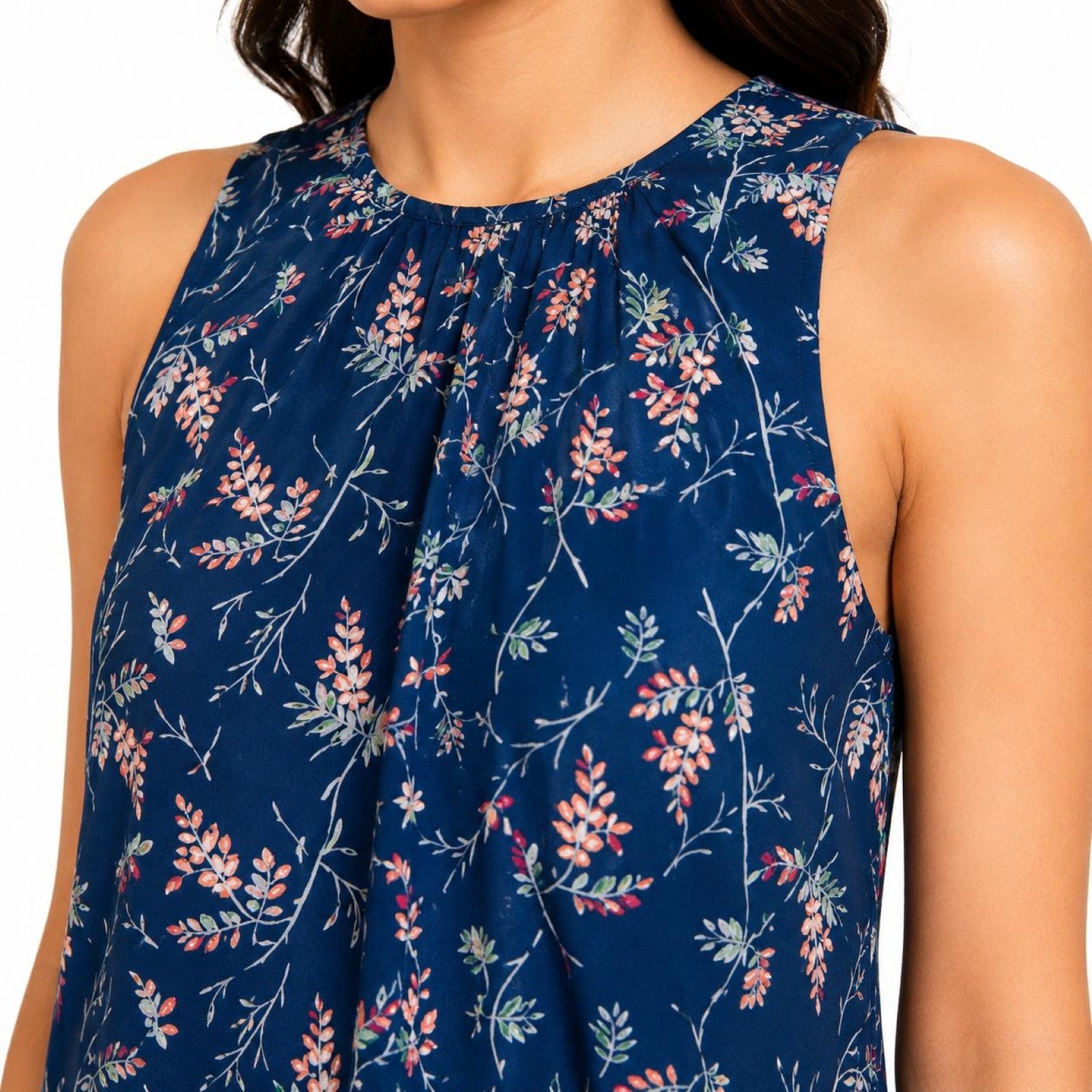Women's Navy Blue Floral Printed Sleeveless Fit & Flare Knee Length Dress-2