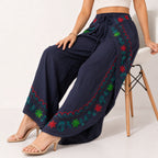 Women's Bohemian Navy Blue Embroidered Wrap palazzo Trousers-3