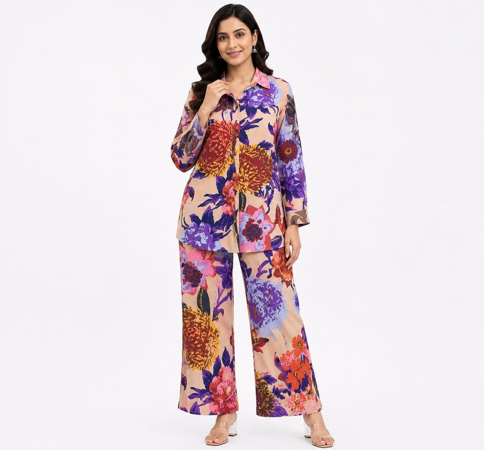 Women's Floral Printed Co-Ord Set | Stylish Shirt & Wide Leg Pant Co-Ord Set for Women – Cream-1