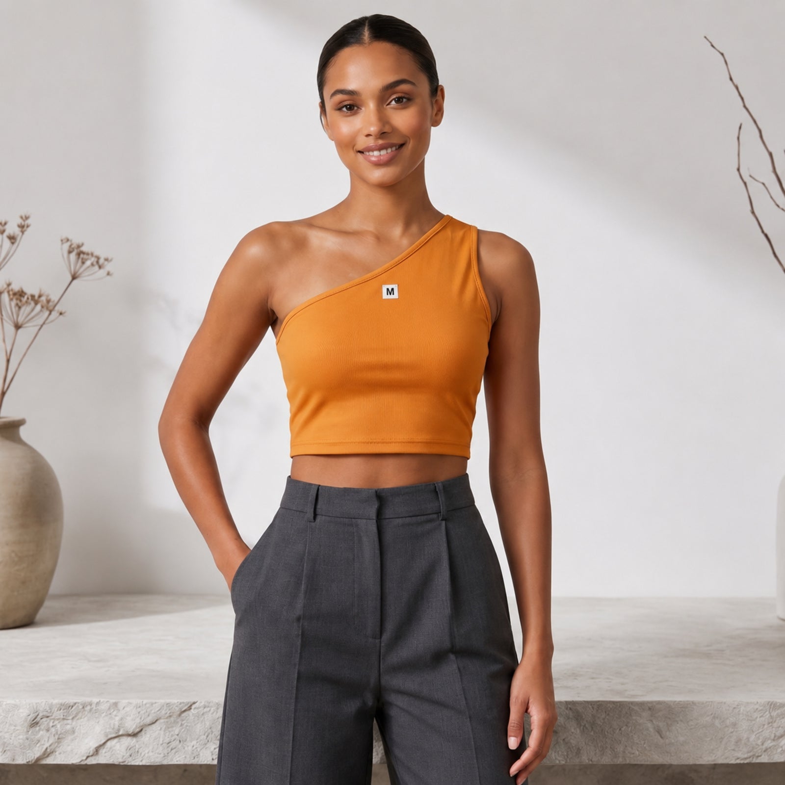 Women's Yellow One Shoulder Crop Top-4