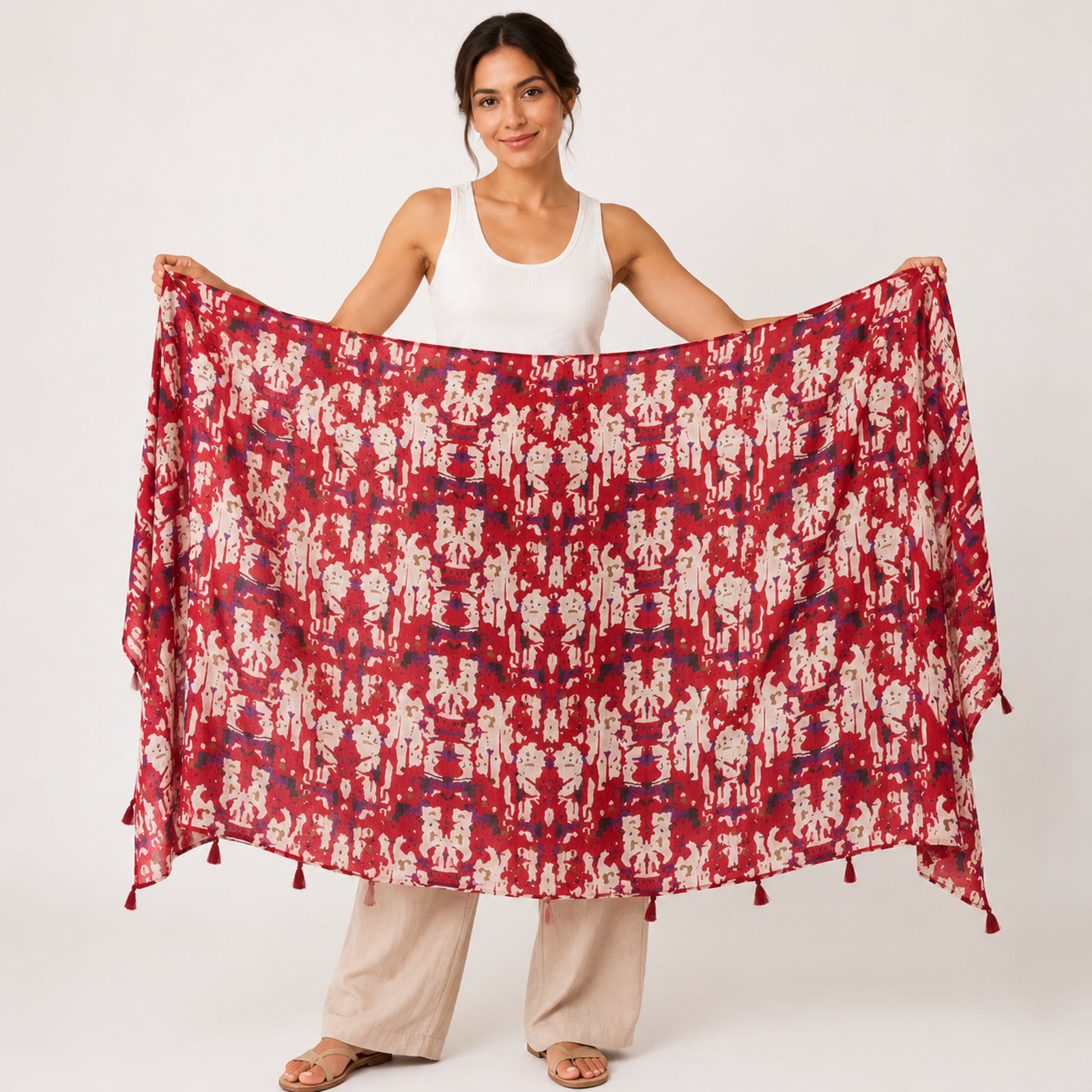 Women's Floral Print Tassel Scarf-3