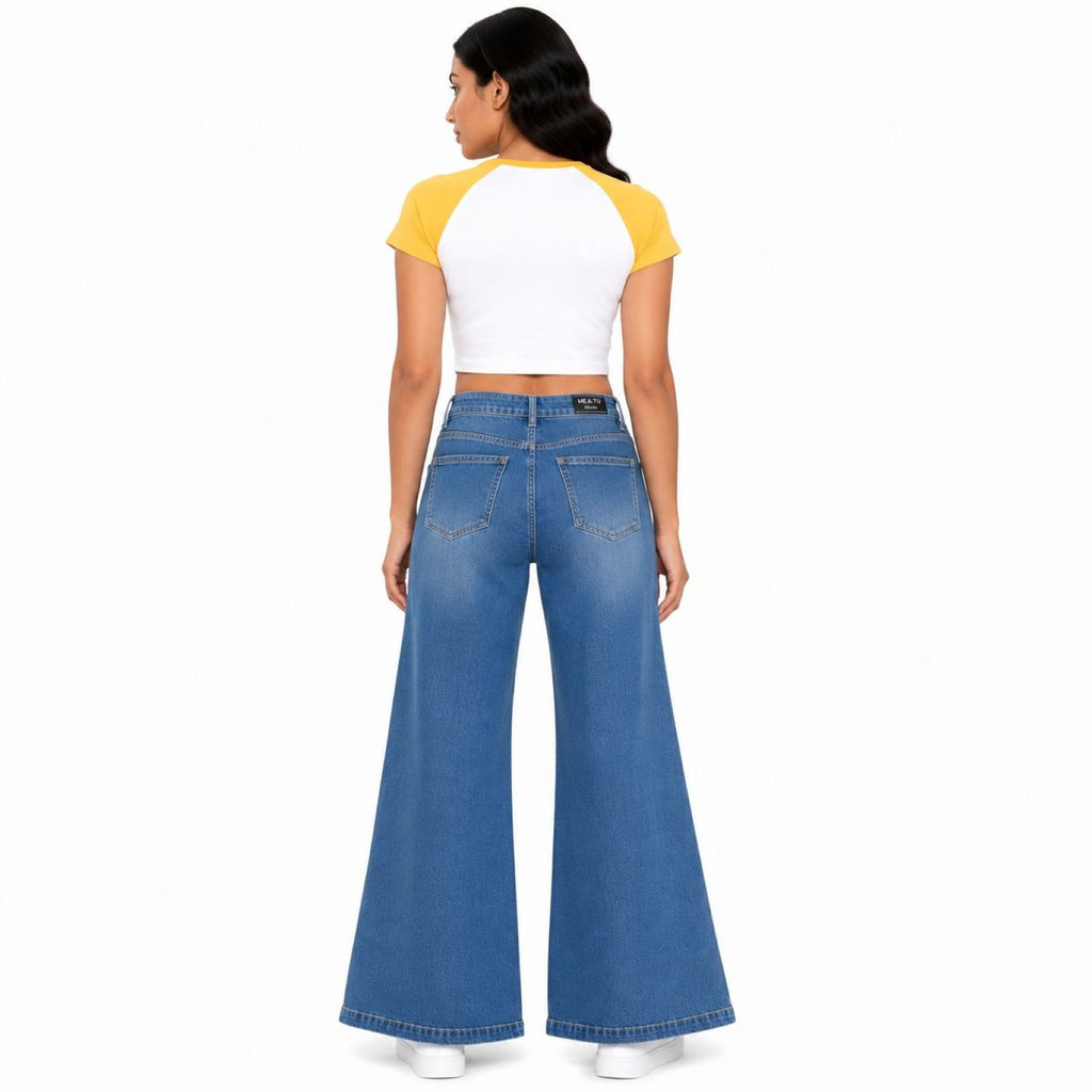 Women's Faded Blue Ultra Wide Leg Jeans | High-Rise Flared Premium Denim-4