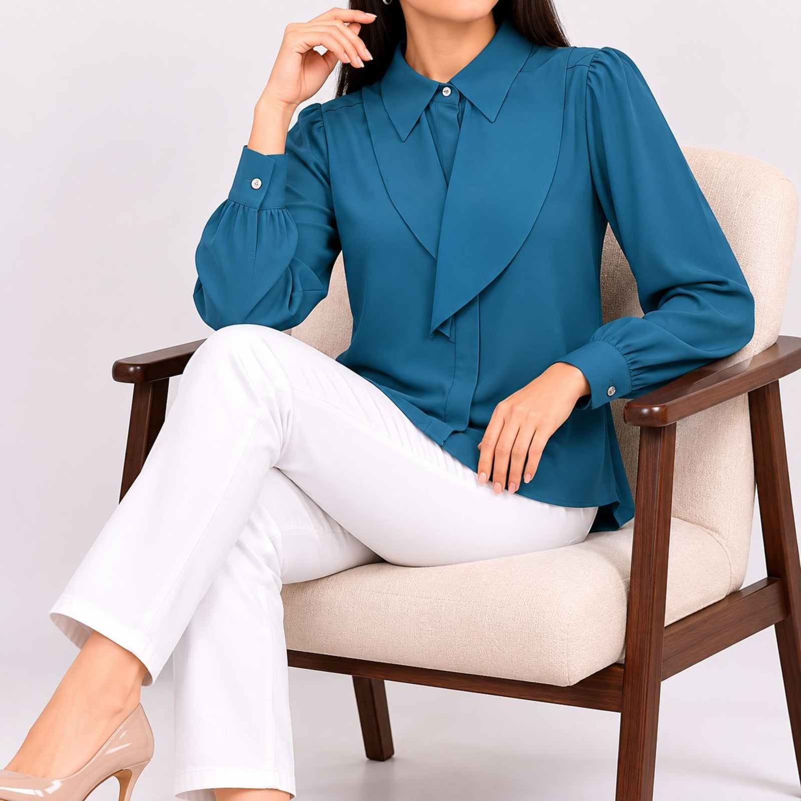 Women's Olive Green Ruffle Front Full Sleeve Shirt-3