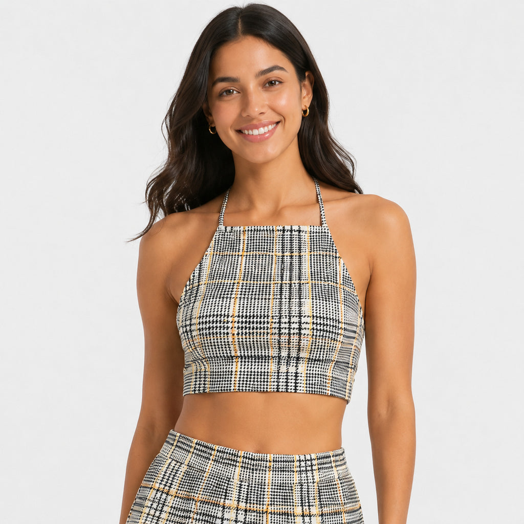 Women's Yellowish Checked Halter Neck Crop Top and Wide-Leg Pant Co-Ord Set | Printed Two-Piece Outfit-3