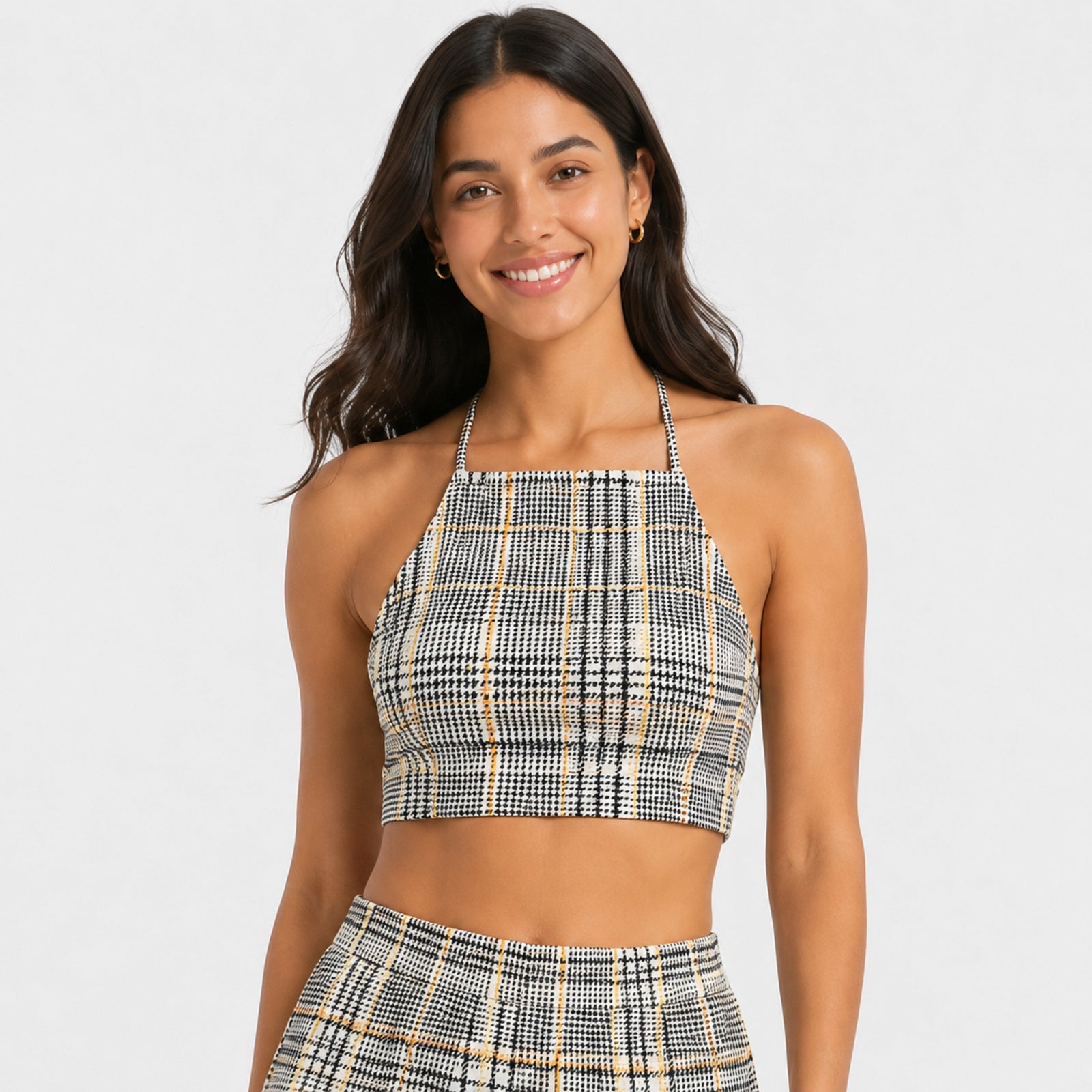Women's Yellowish Checked Halter Neck Crop Top and Wide-Leg Pant Co-Ord Set | Printed Two-Piece Outfit-3