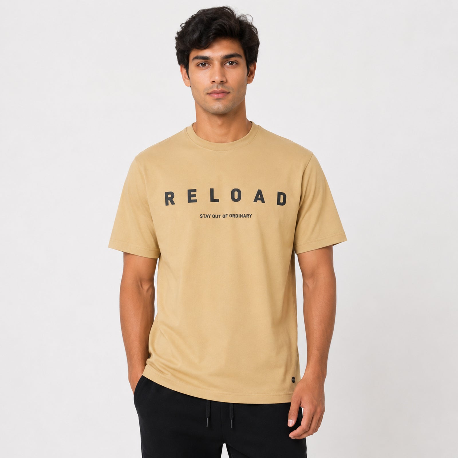 Men's Beige Typography Printed Crew Neck T-Shirt-1