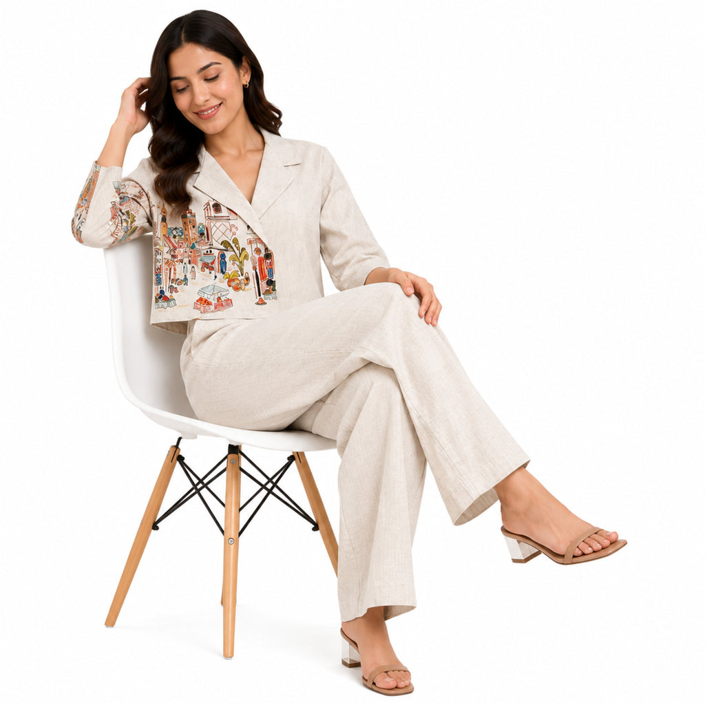 Women’s Ivory Printed Cropped Blazer Wide-Leg Pants Set-3