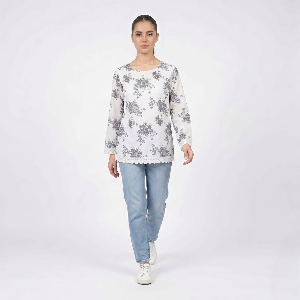 Ivory Blue Floral Long Sleeve Top-1