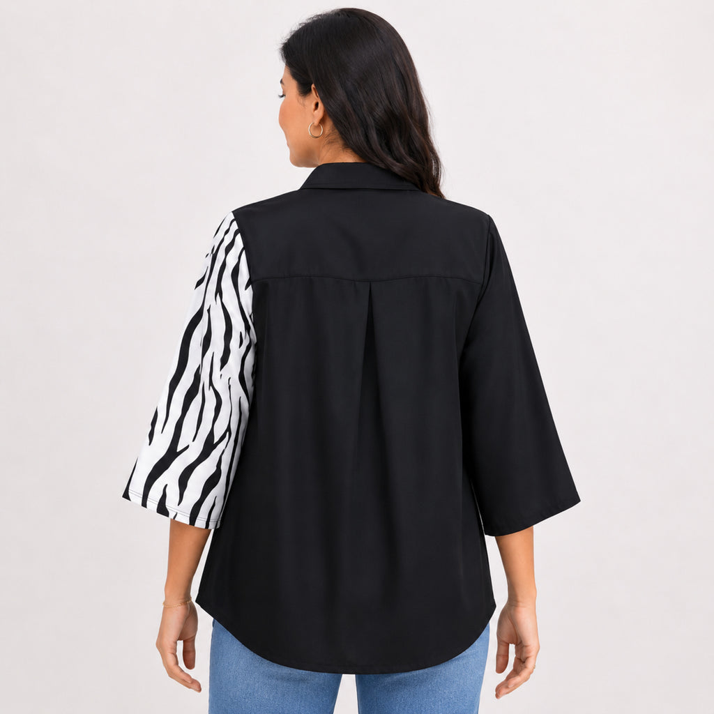 Women's Black & White Abstract Print Color Block Casual Top | Elegant Collared Smart Casual Blouse-4
