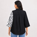 Women's Black & White Abstract Print Color Block Casual Top | Elegant Collared Smart Casual Blouse-4