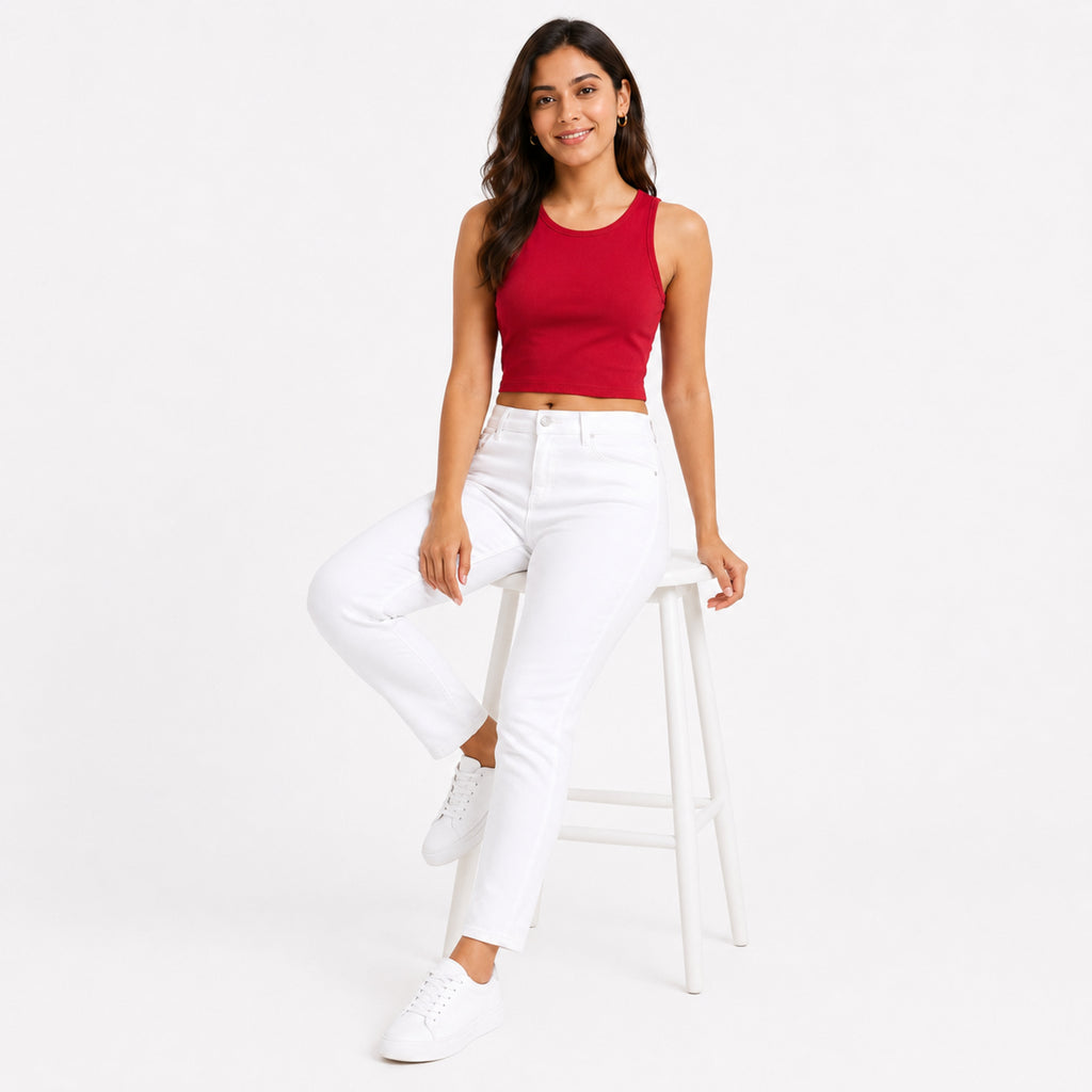 Women's Red Sleeveless Round Neck Crop Top | Solid Slim Fit Casual Tank Top-3