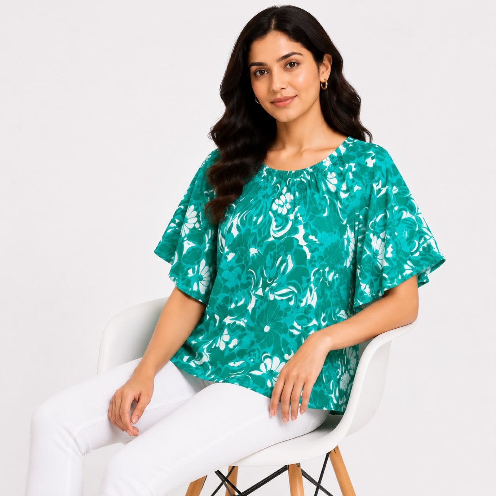 Women's Emerald Bloom Green Floral Flutter Sleeve Top-2
