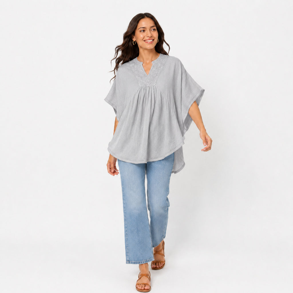 Women's Grey Embroidered Kaftan Top-1