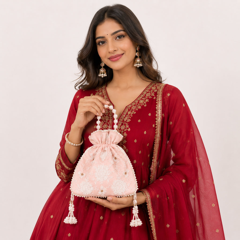 Women's Peach Embroidered Potli Bag with Pearl Handle-1