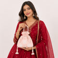 Women's Peach Embroidered Potli Bag with Pearl Handle-1