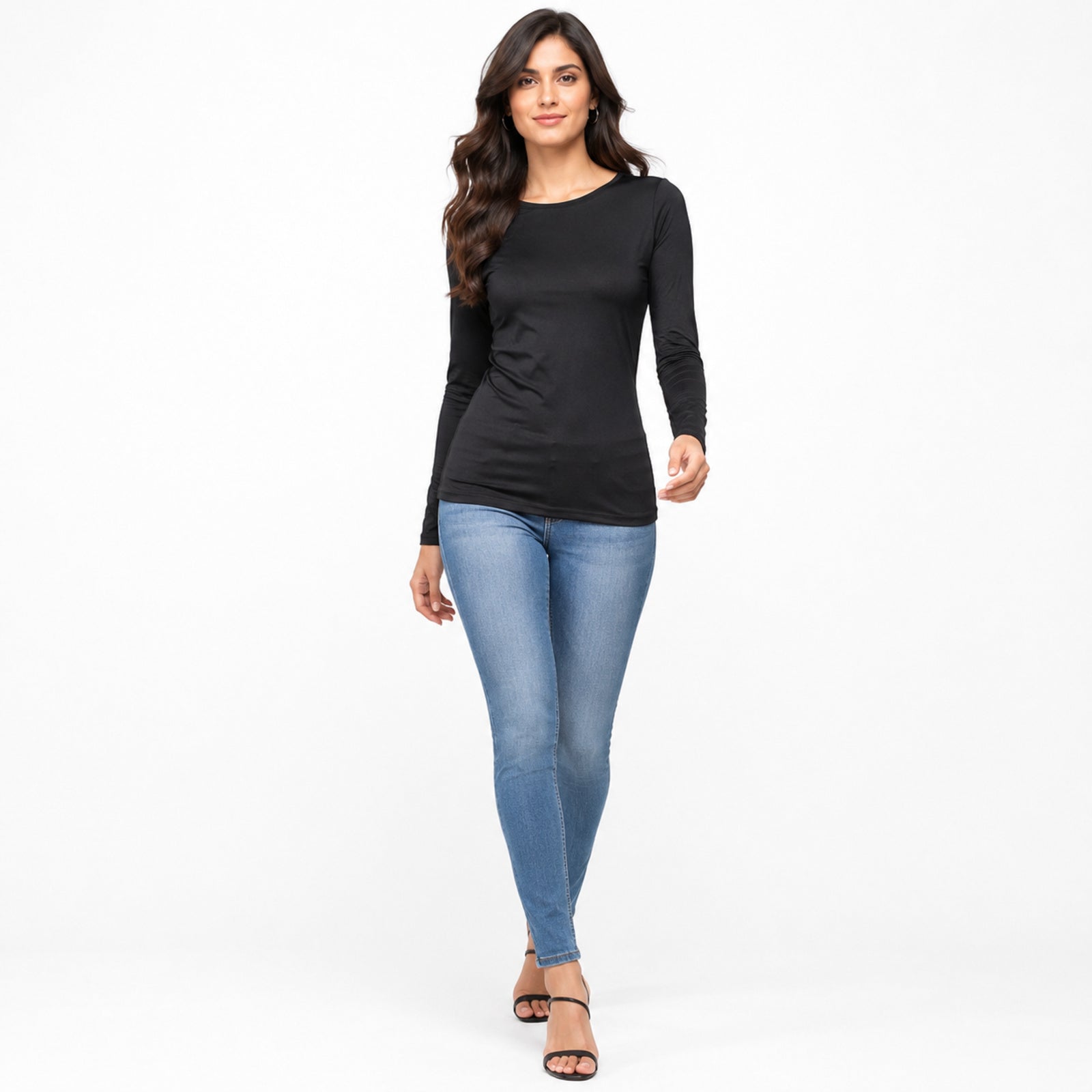 Women's Black Solid Full Sleeve Round Neck Fitted Casual Top-1