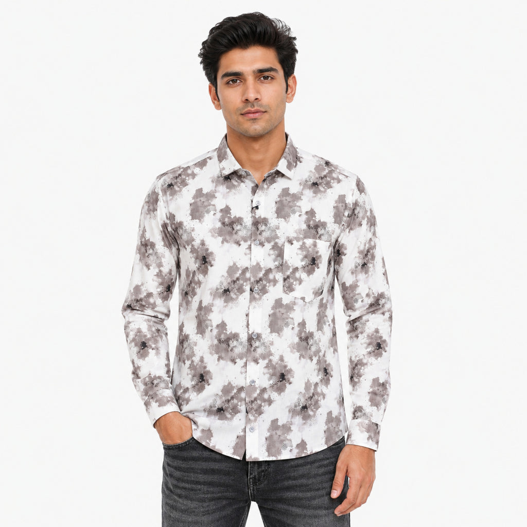 Men's White Floral Print Casual Shirt-4