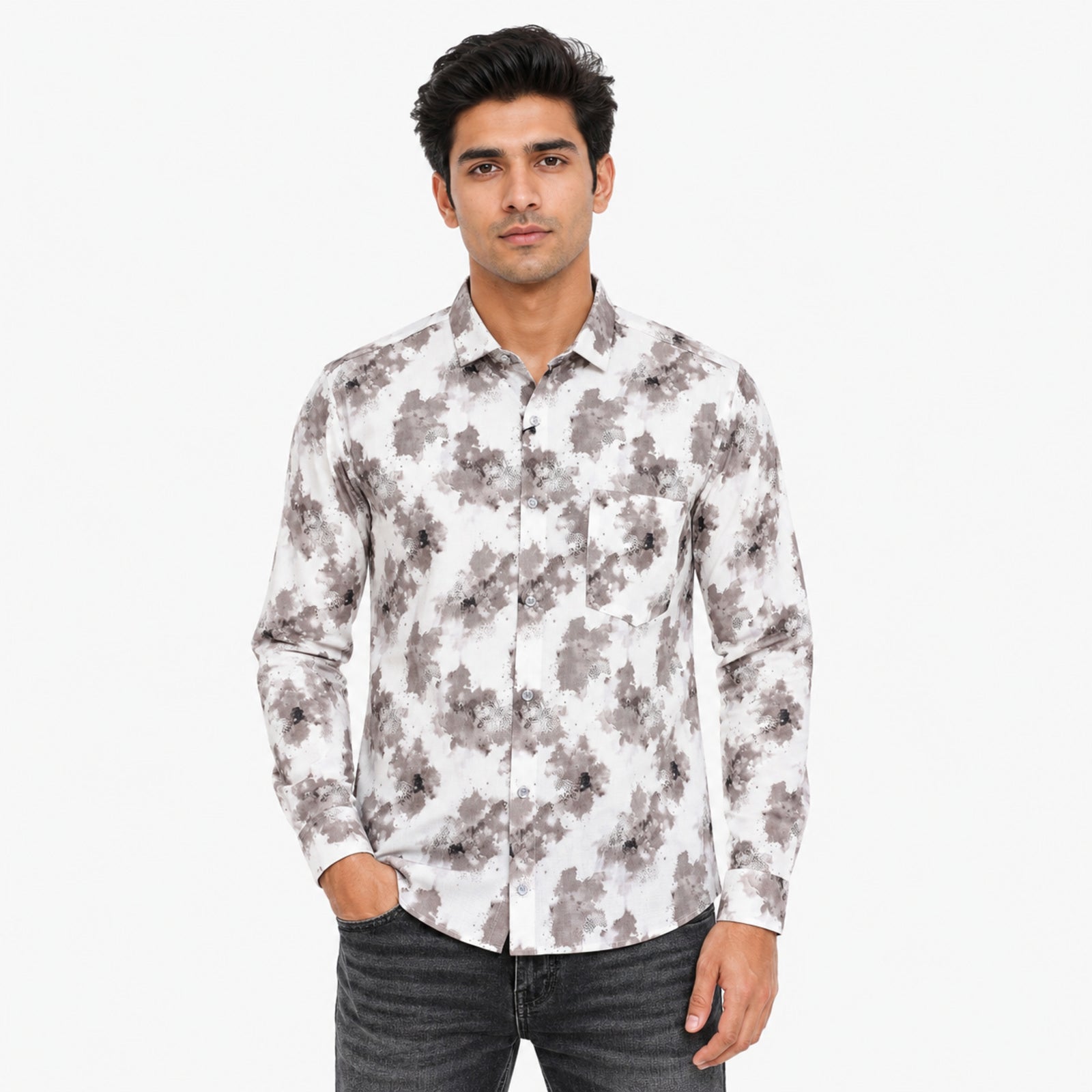Men's White Floral Print Casual Shirt-4