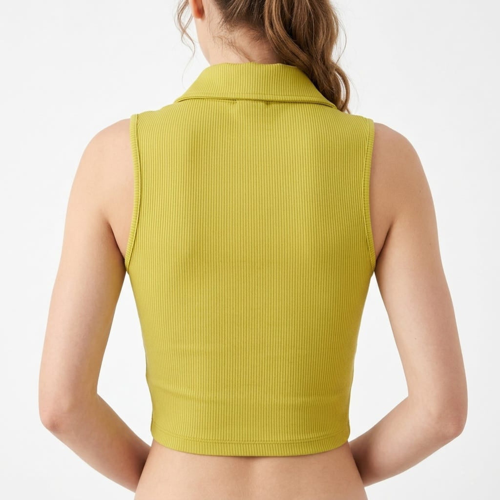 Women's Parrot Green Ribbed Sleeveless Crop Polo Top-2