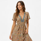 Women's Maroon Paisley Printed V-Neck Maxi Dress-3