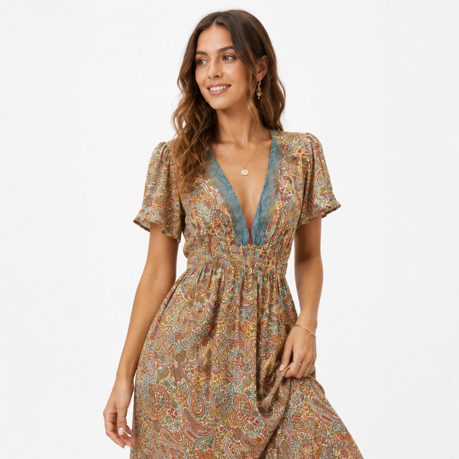 Women's Maroon Paisley Printed V-Neck Maxi Dress-3