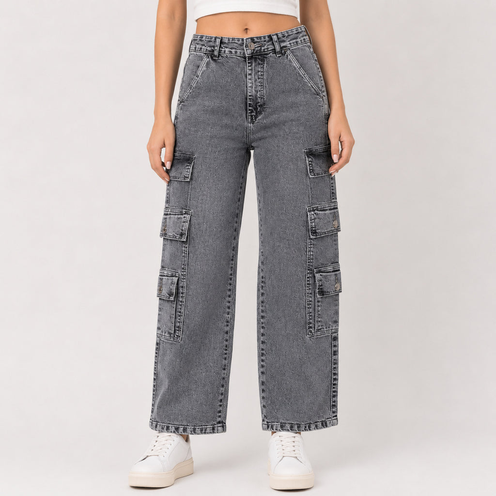 Women's Light Grey Cargo Fit Denim Jeans-1