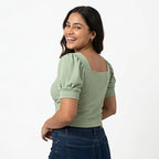 Women's Elegant Square Neck Puff Sleeve Top – Mint Green-3