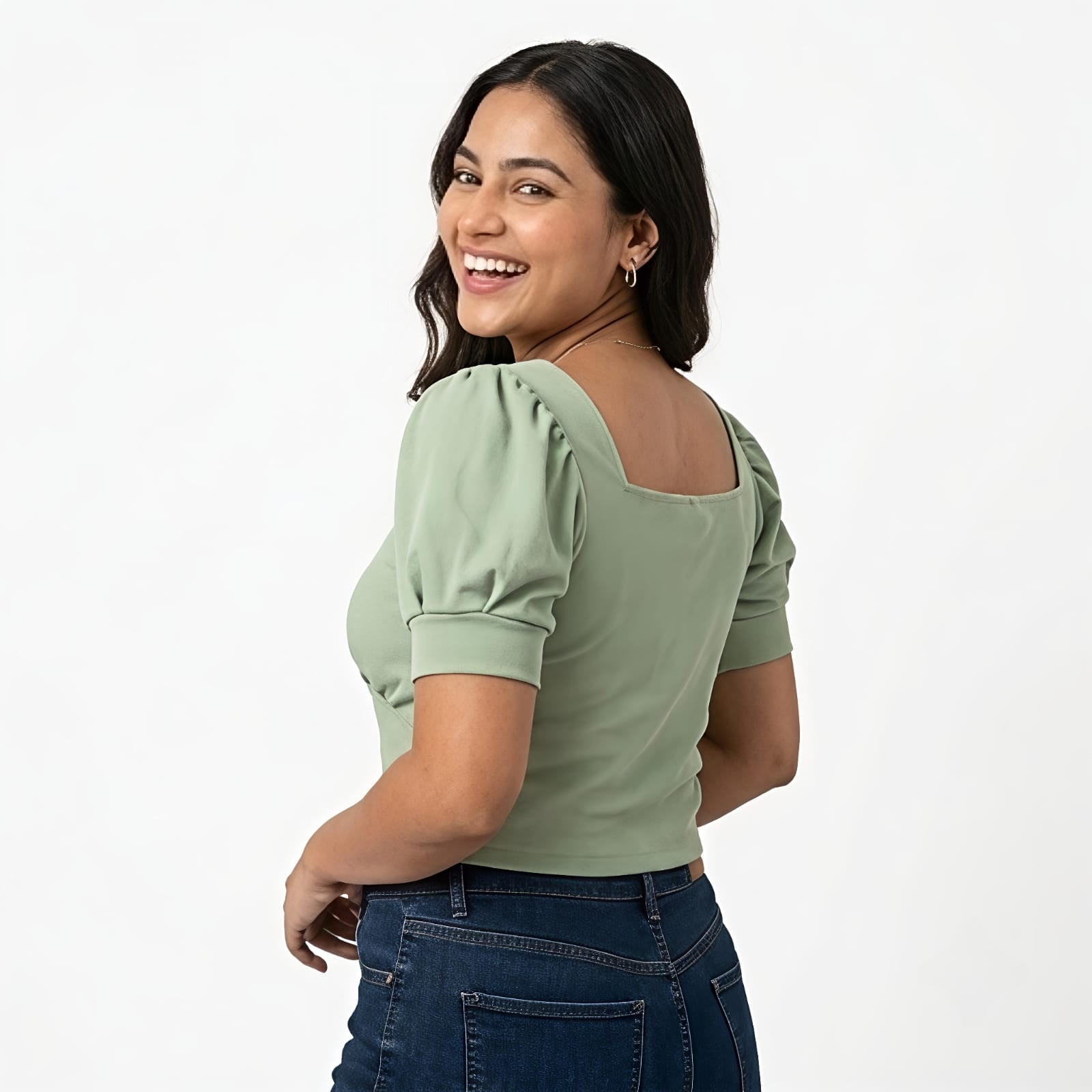 Women's Elegant Square Neck Puff Sleeve Top – Mint Green-3