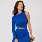 Women's Blue Solid One-Shoulder Full Sleeve Draped Midi Dress for Party and Evening Wear-3