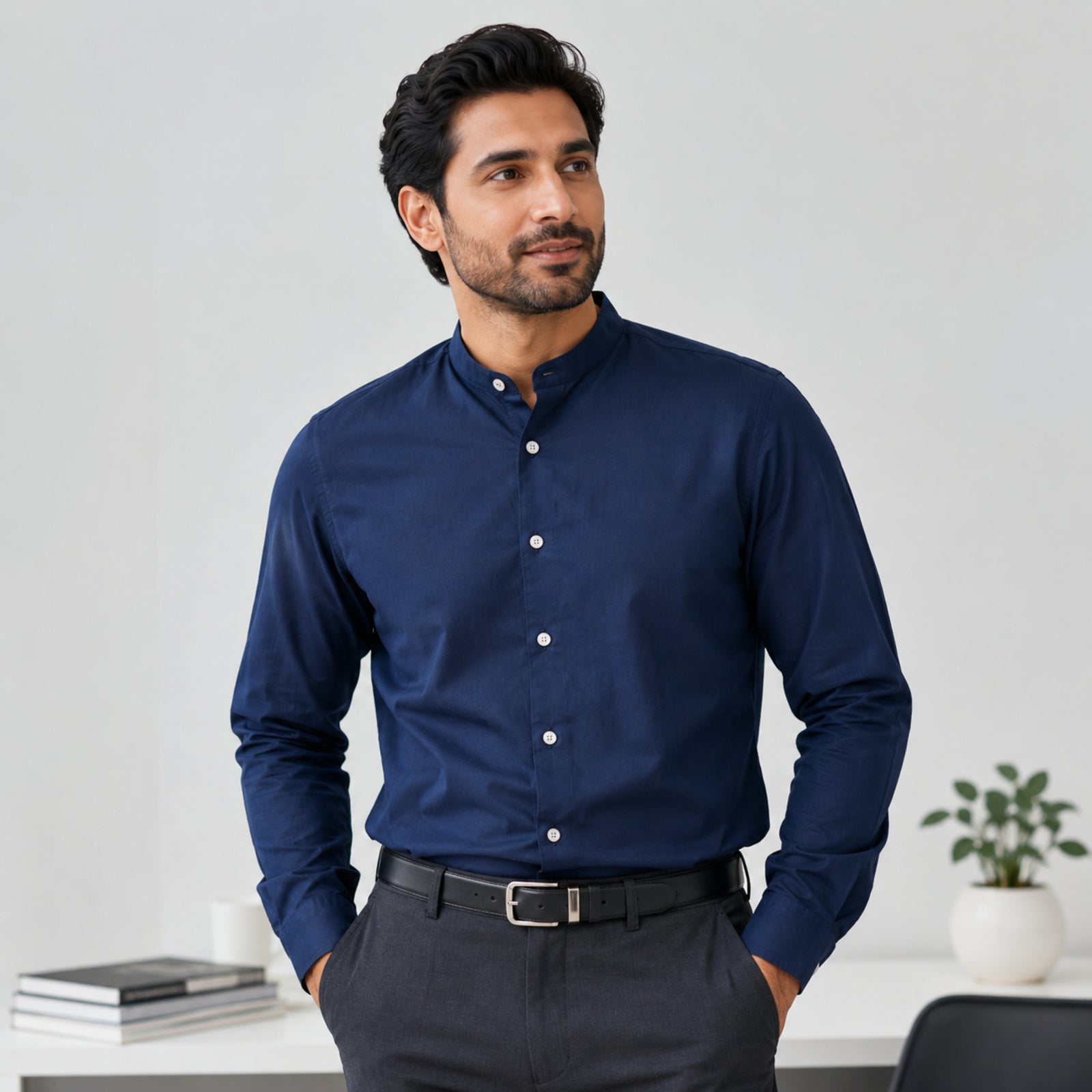 Men's Navy Blue Mandarin Collar Formal Shirt-2