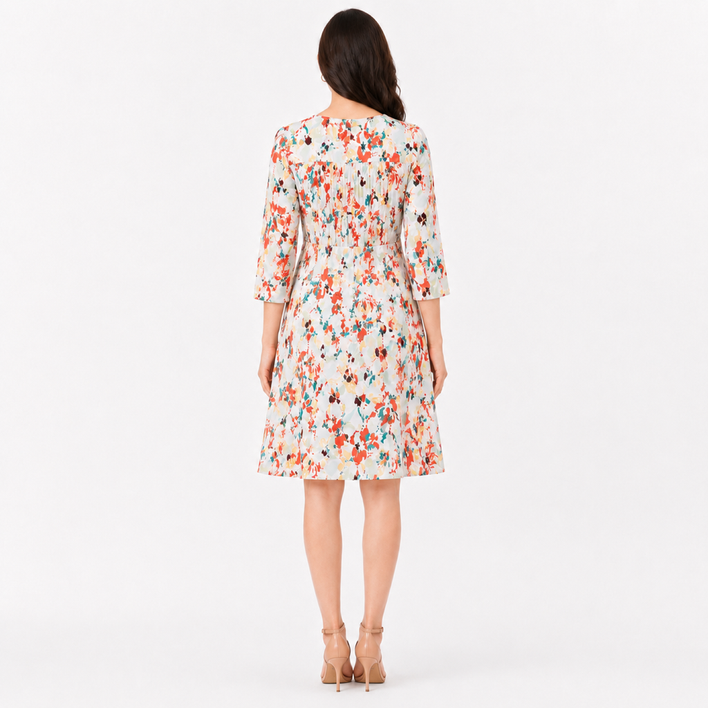 Women's Floral Print Round Neck Three-Quarter Sleeve A-Line Dress-2