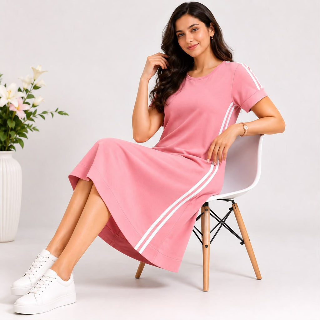 Women's Peach Casual A-Line Dress | Trendy Side Stripe Knee Length Everyday Comfort Dress-2