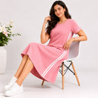 Women's Peach Casual A-Line Dress | Trendy Side Stripe Knee Length Everyday Comfort Dress-2
