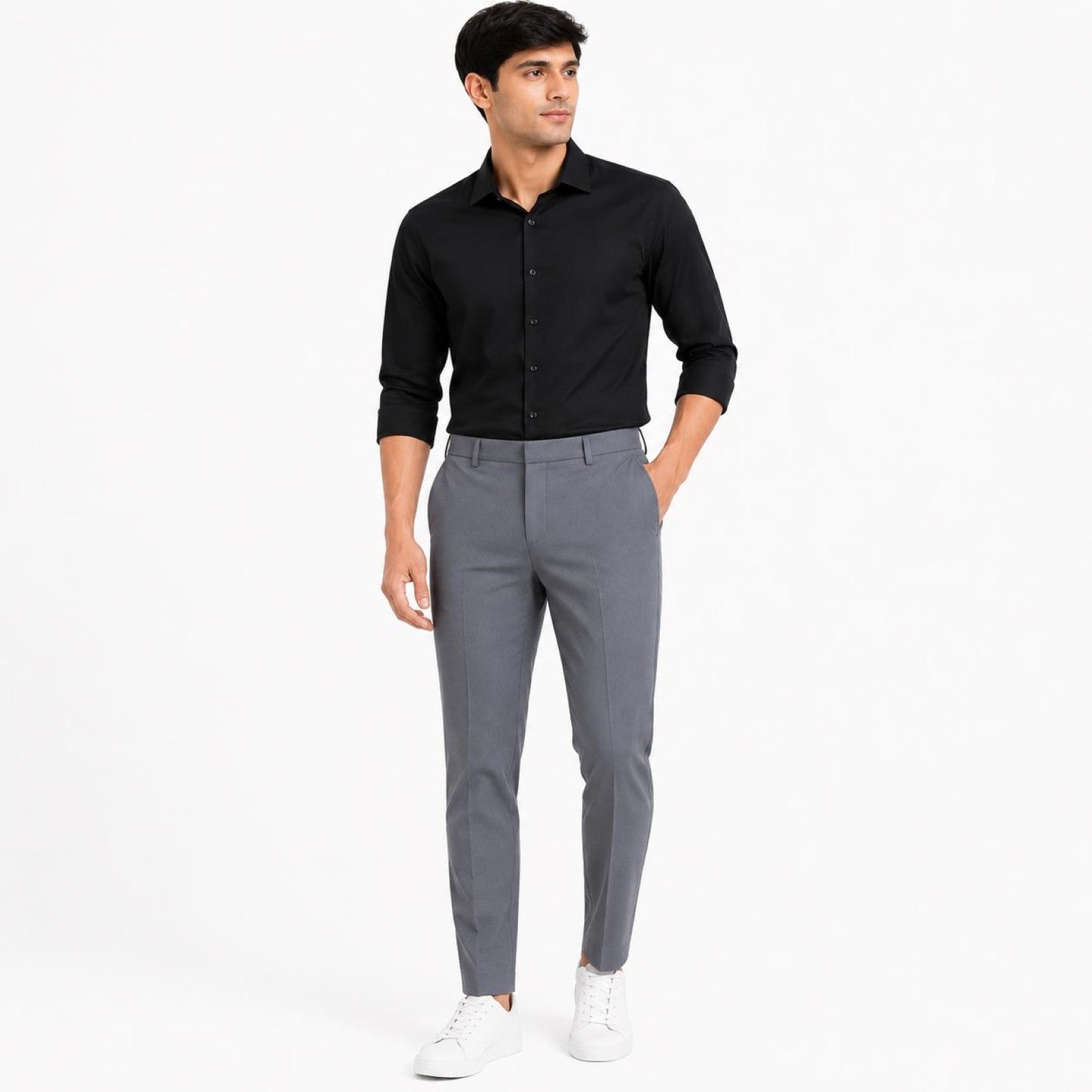 Men's Grey Slim Fit Flat-Front Formal Trousers | Tailored Office Wear Pants-1