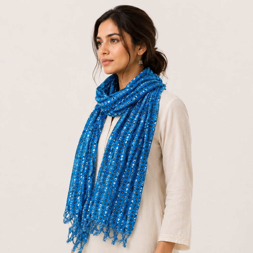Women's Royal Blue Embroidered Tassel Scarf-1