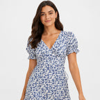 Women's Blue Floral Fit & Flare Mini Dress | V-Neck Puff Sleeve Casual Dress-3