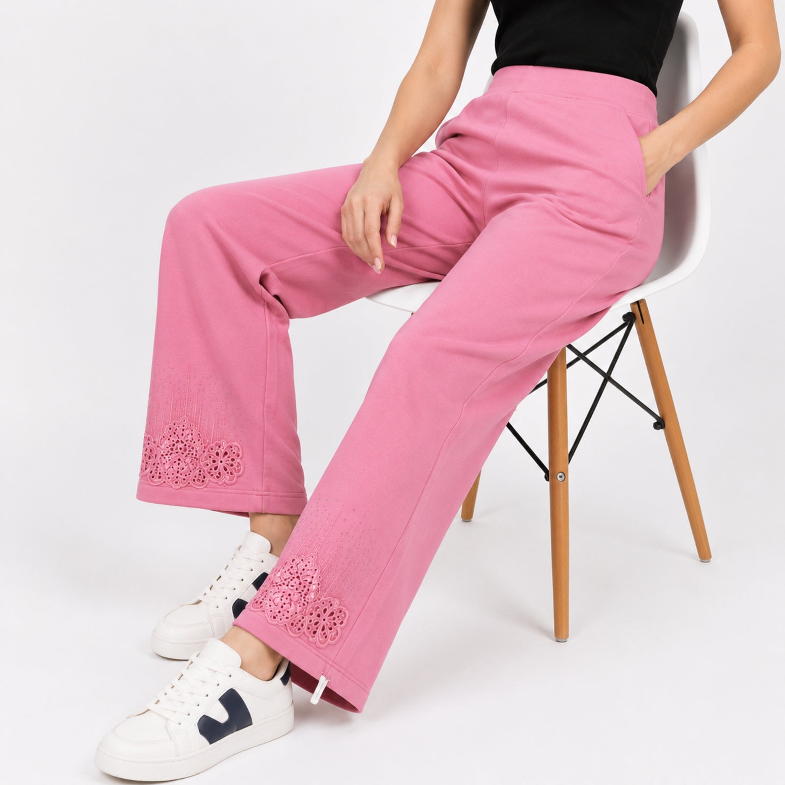 Women's Stylish Pink Embroidered Wide Leg Lounge Pants-2