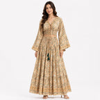 Women's Bohemian Chic Mustard Yellow Floral Flare-Sleeve Crop Top and Maxi Skirt Set-1