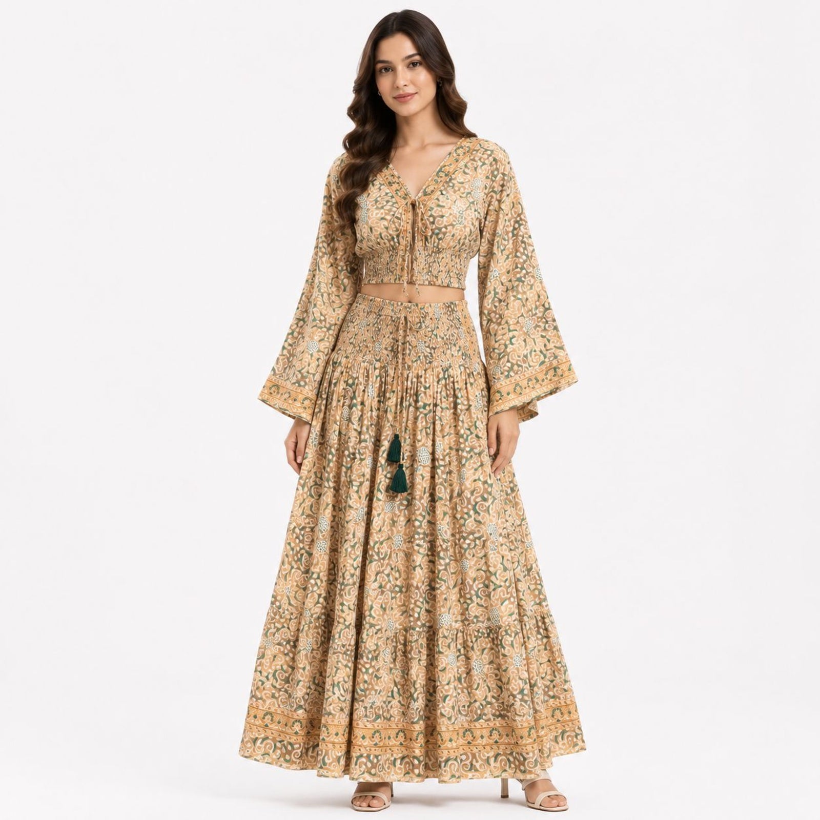 Women's Bohemian Chic Mustard Yellow Floral Flare-Sleeve Crop Top and Maxi Skirt Set-1