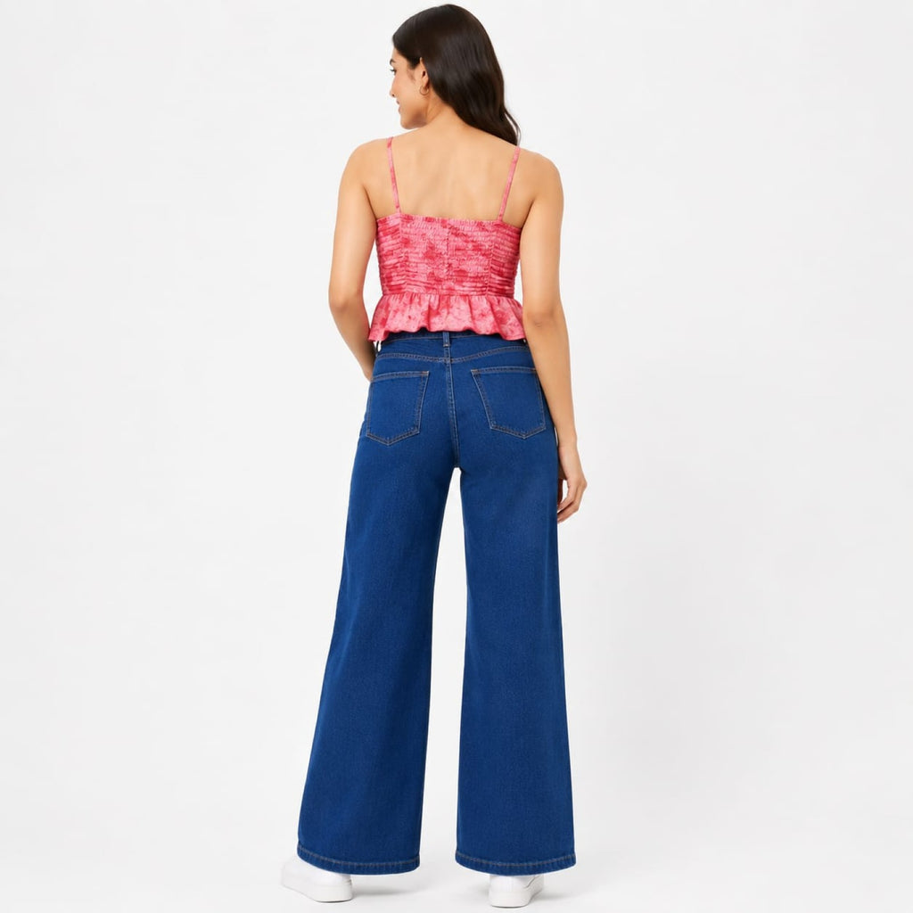 Women's Dark Blue Ultra Wide Leg Jeans | High-Rise Premium Denim-4