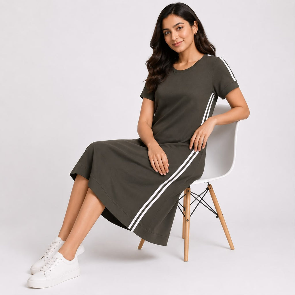 Women's Olive Green Casual A-Line Dress | Stylish Side Stripe Knee Length Everyday Comfort Dress-2