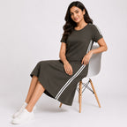 Women's Olive Green Casual A-Line Dress | Stylish Side Stripe Knee Length Everyday Comfort Dress-2