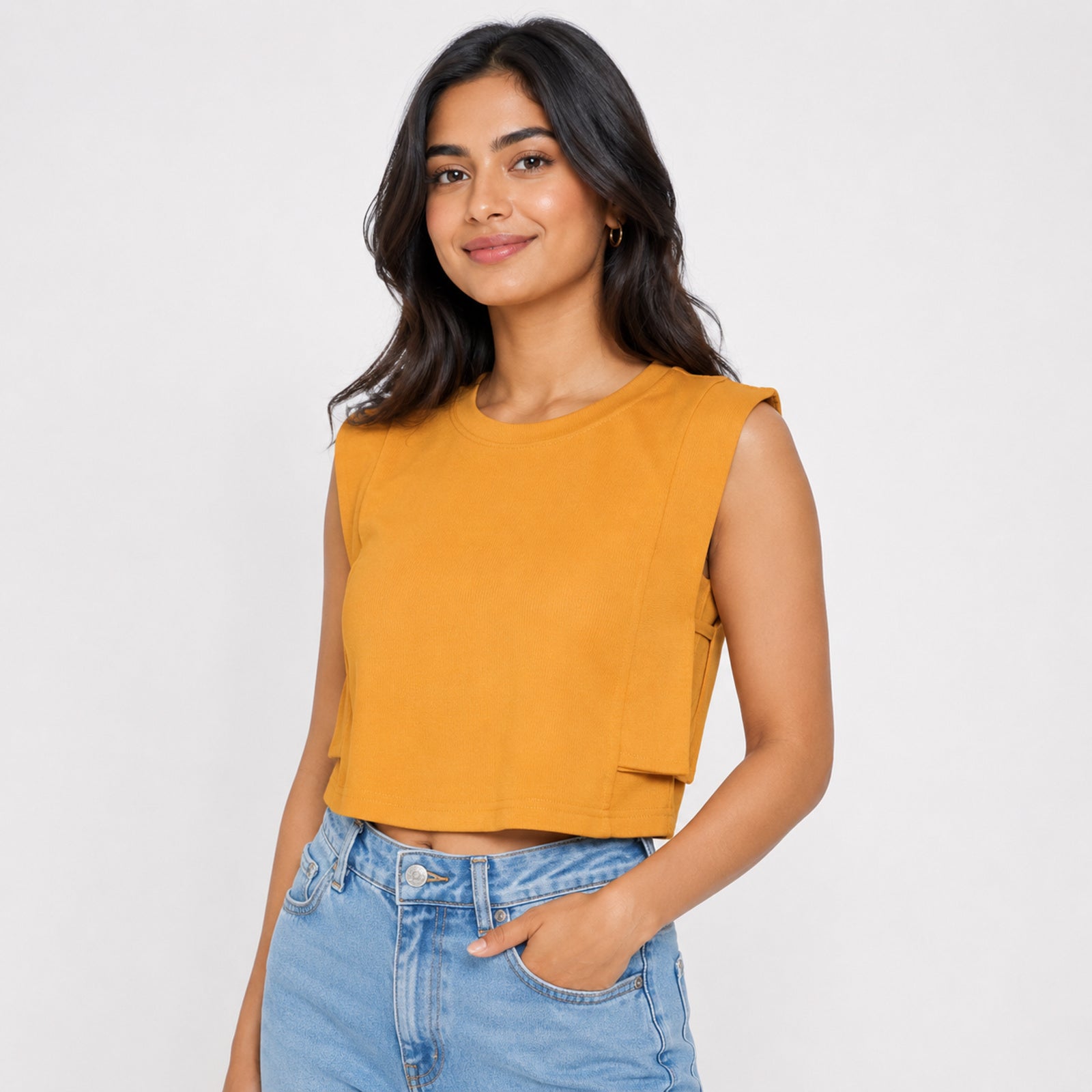 Women's Ochre Sunset Yellow Muscle Tee with Architectural Padded Shoulders-1