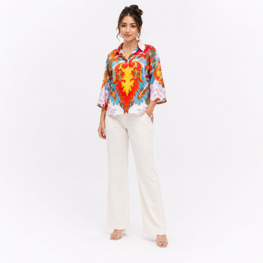 Women's Red Multicolour Abstract Print Collared Shirt-1
