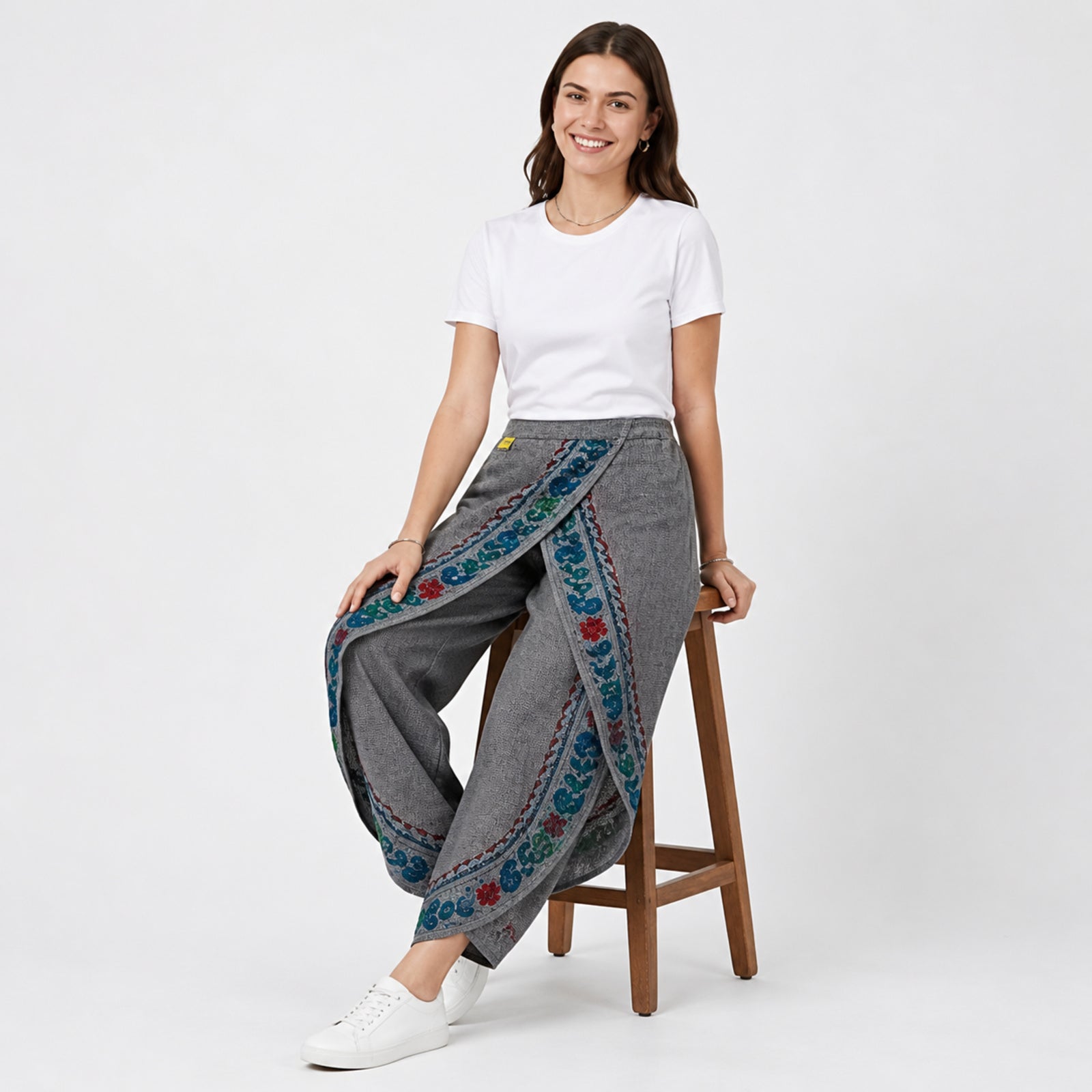 Grey Bloom Draped Wrap Trousers-1